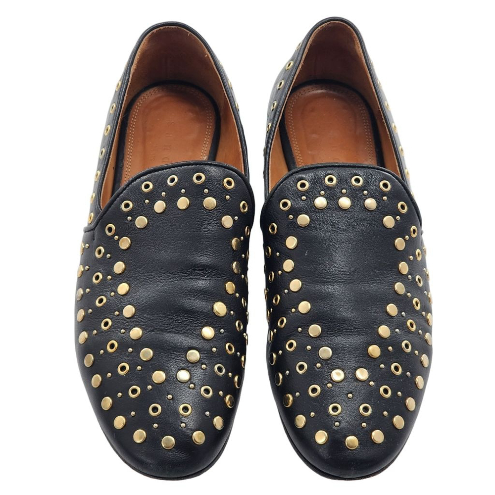 SANDRO Bary Black‎ Gold Studded Leather Loafers Size 7.5
